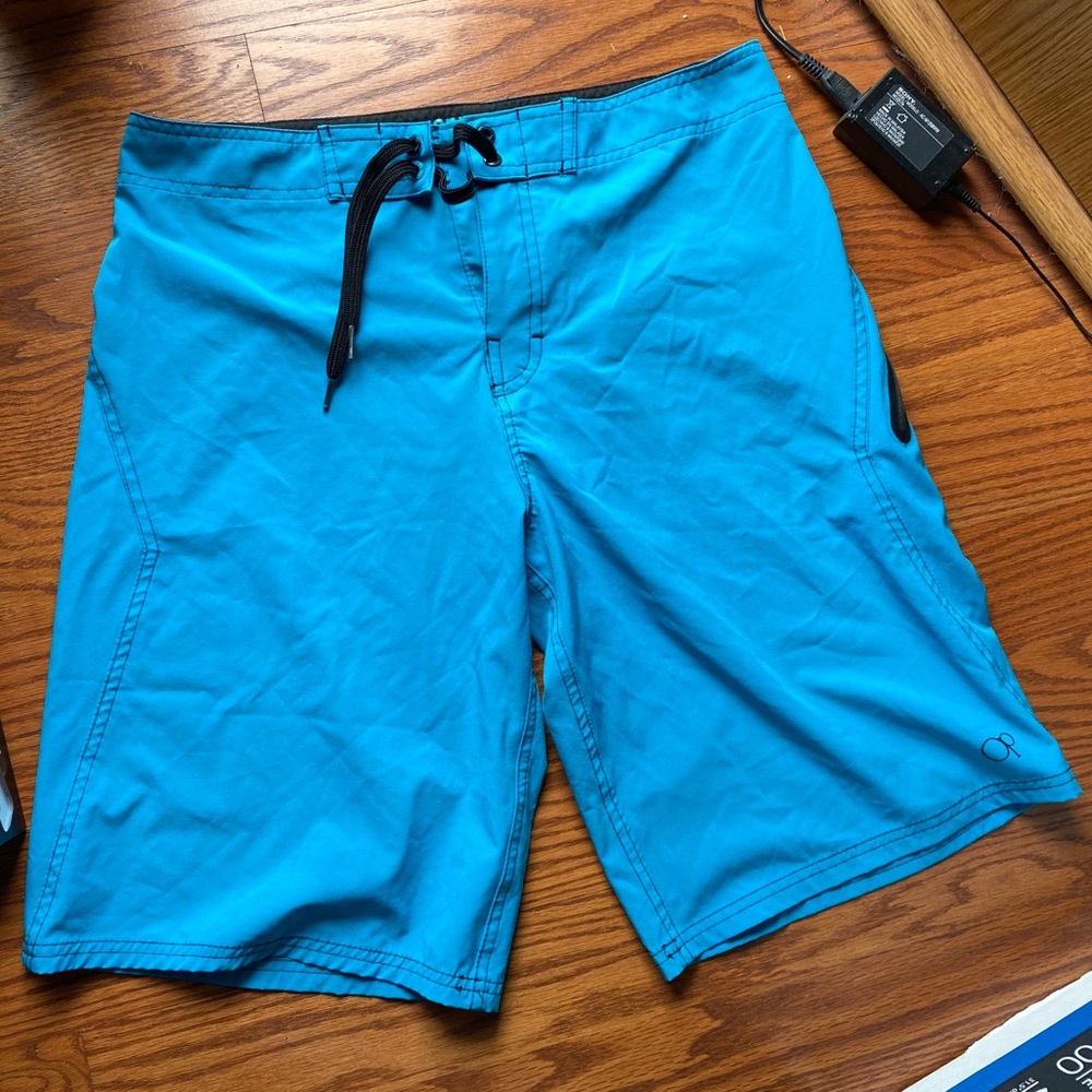 Men’s Sz 30 OP (Ocean Pacific) Board Shorts Unlined Teal Blue Zip Pocket